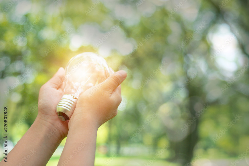 save power and good energy for nature, hand holding light bulb in park