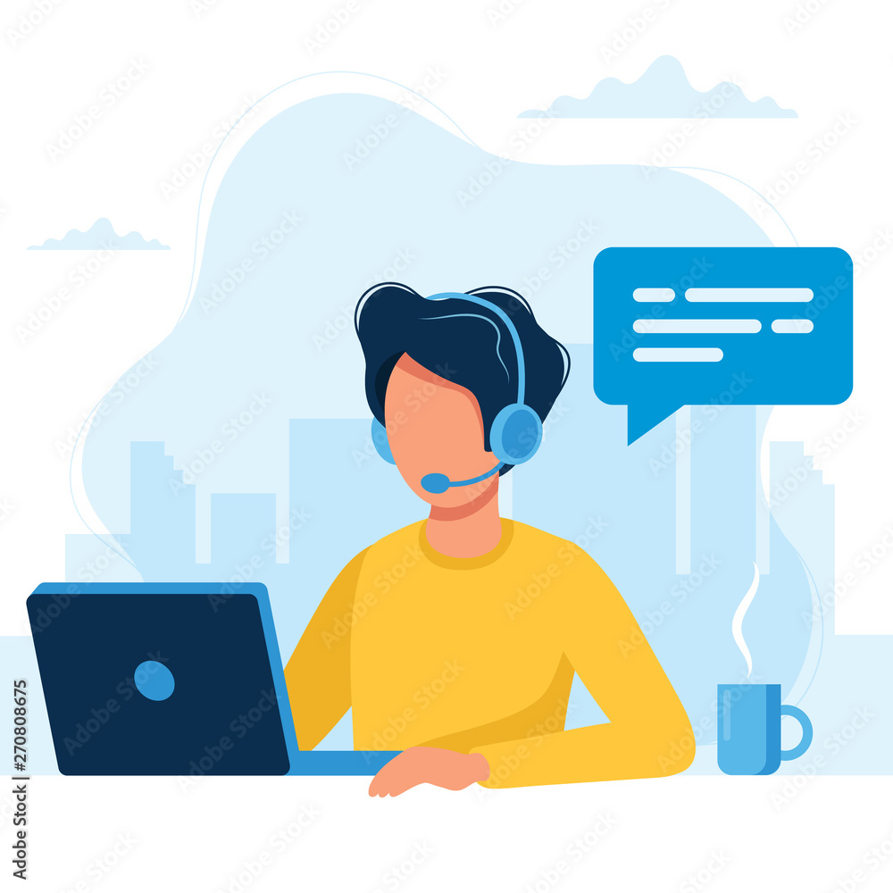 Customer service. Man with headphones and microphone with laptop. Concept illustration for support, call center. - obrazy, fototapety, plakaty 