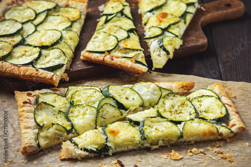 Zucchini, ricotta and mozzarella puff pastry tart.