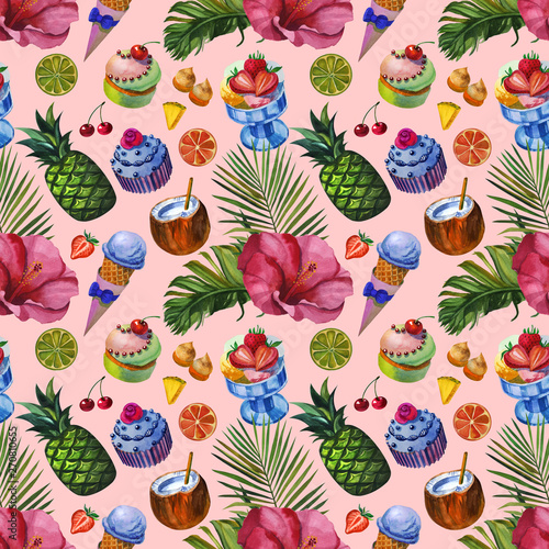 Fototapeta Naklejka Na Ścianę i Meble -  Watercolor pattern with tropical fruts, sweets and flowers. Seamless pattern