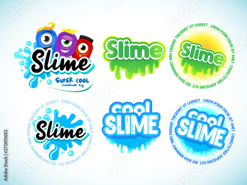 Slime logotype templates set.  Cartoon monster characters. Liquid green and blue slime. Letters with blots, splashes and smudges. Glossy typeface. Drops slime isolated on white background