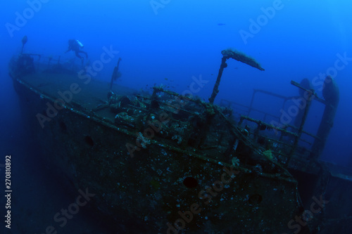 Boga shipwreck. The artificial reef. Underwater treasure. Diving, divers, wide angle underwater photography. © diveivanov
