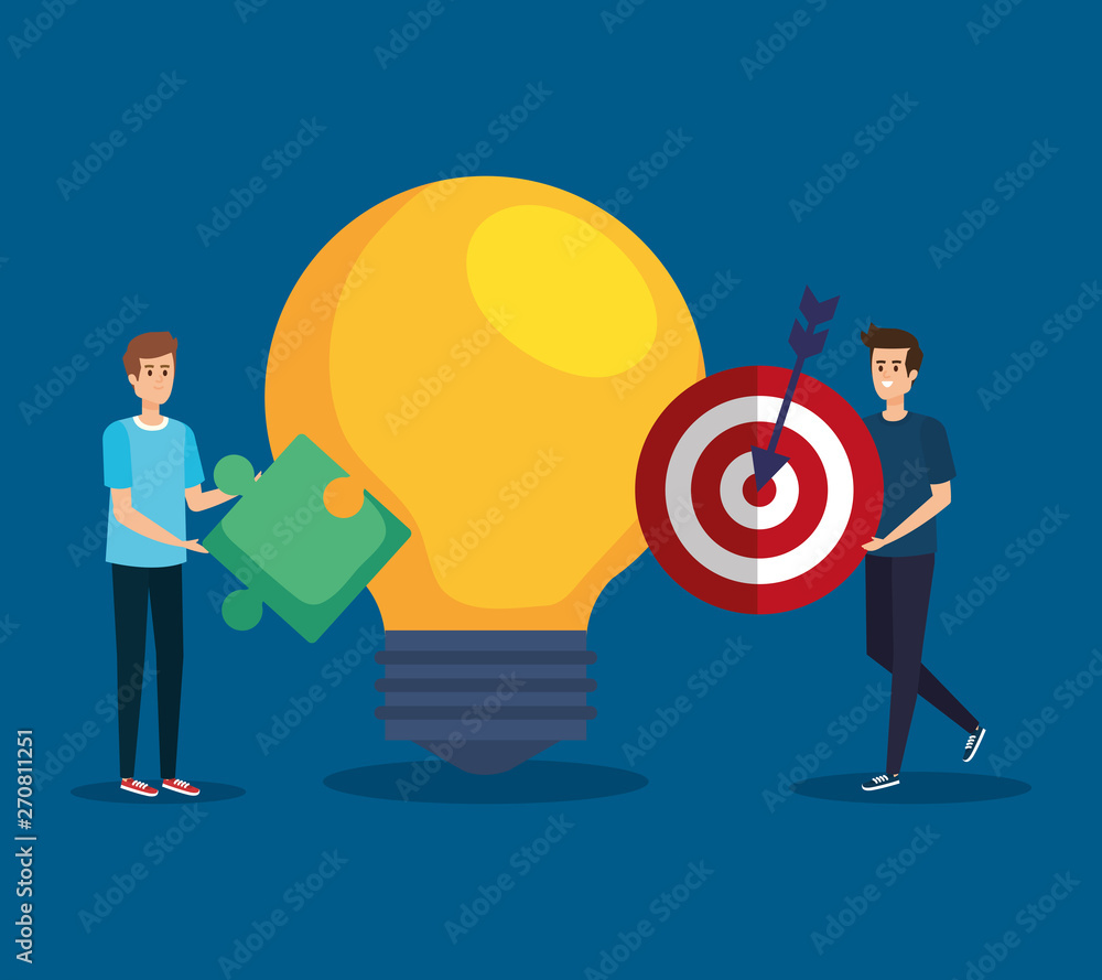 men with puzzle and target with arrow and bulb idea men with puzzle and target with arrow and bulb idea