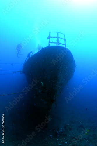 Boga shipwreck. The artificial reef. Underwater treasure. Diving, divers, wide angle underwater photography.