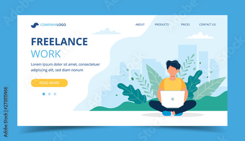 Freelance work page template. Man working with laptop in the park. Illustration for freelancing, remote work, business.