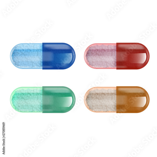 Vector illustration, set of four multicolored transparent gelatin capsules with medicines in the form of granules inside.