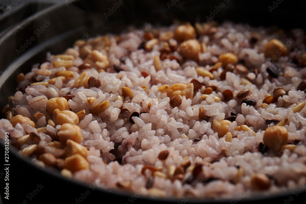 Cooked multi grain rice in pot