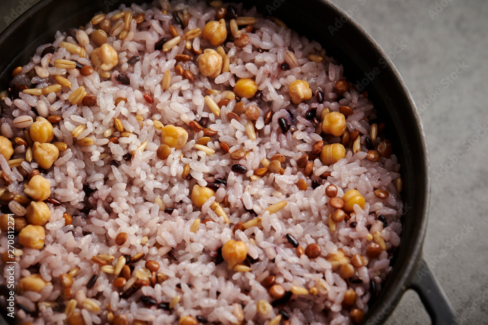 Cooked multi grain rice in pot