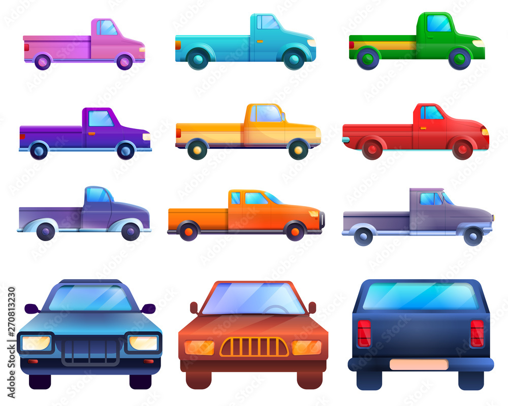 Pickup icons set. Cartoon set of pickup vector icons for web design