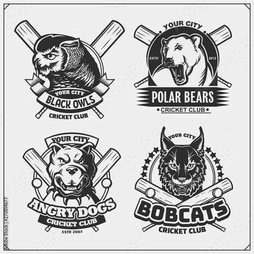 Set of cricket emblems, badges, logos and labels with tiger, panther and wildcat. Print design for t-shirt. photo