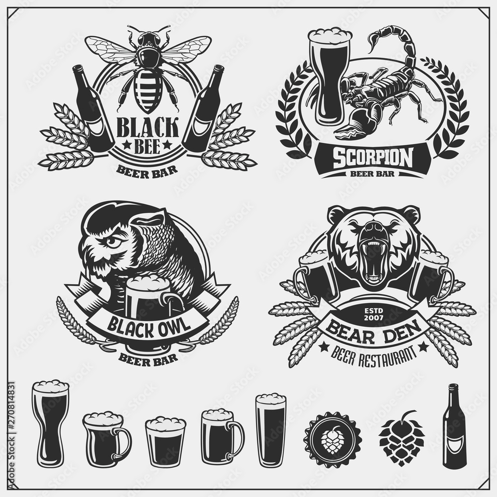 Set of Beer emblems, labels, stickers and design elements.