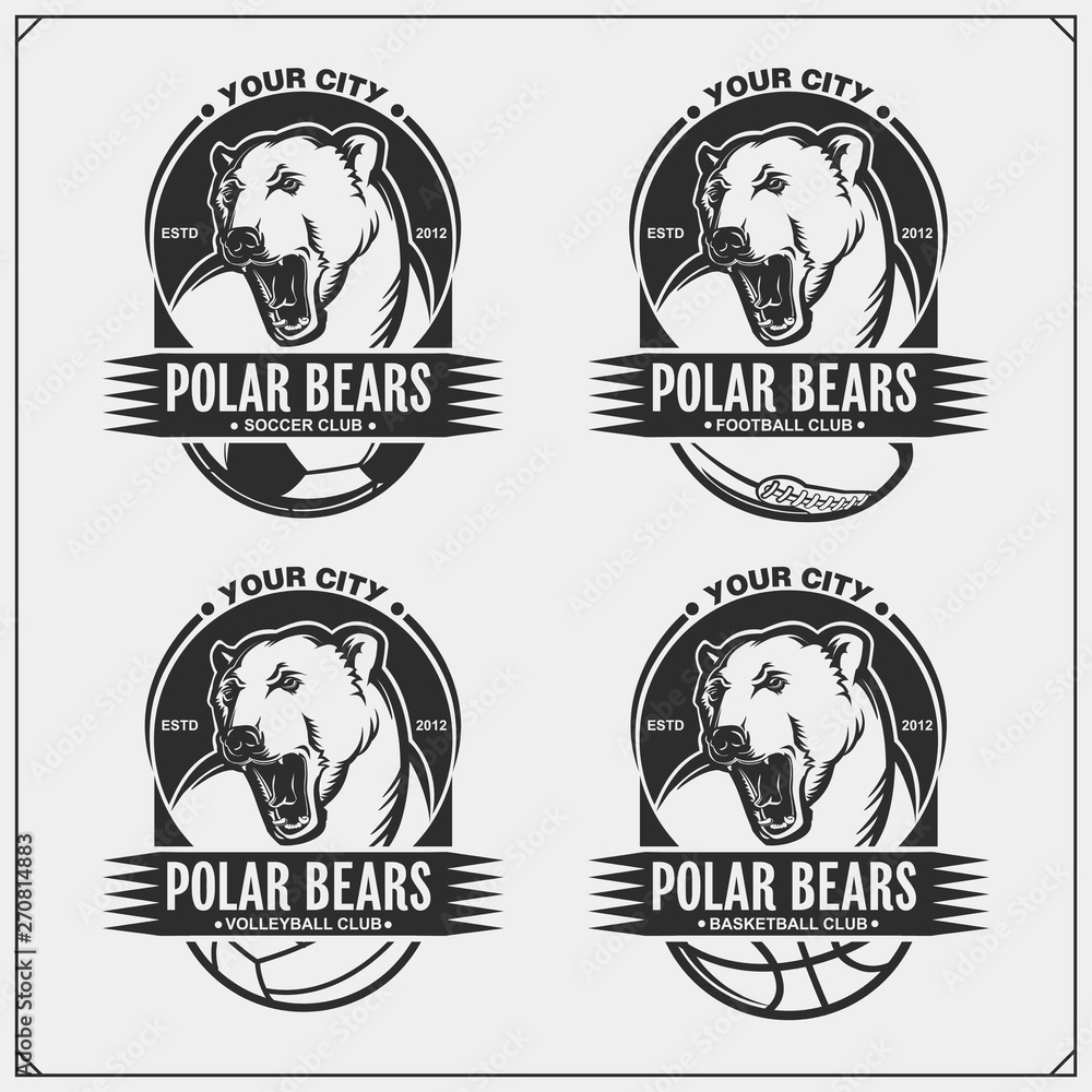 Volleyball, basketball, soccer and football logos and labels. Sport club emblems with polar bear. Print design for t-shirts.
