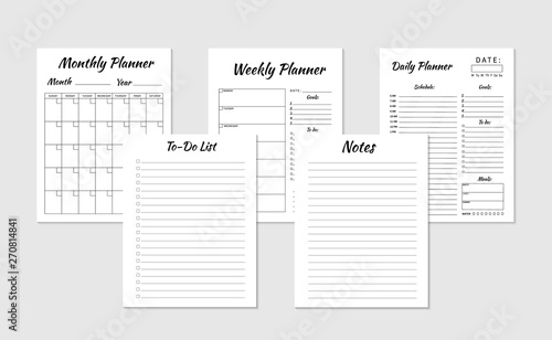 Daily, weekly,  monthly planner,  to-do list,  notes template. Set of minimalist planners. Blank white notebook page isolated on grey. Business organizer paper sheet. Realistic vector illustration.