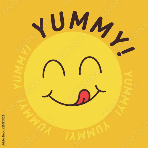 Yummy smile emoticon with tongue lick mouth. Tasty food eating emoji face. Delicious cartoon with saliva drops on yellow