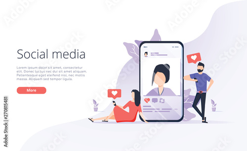 social media marketing vector concept illustration, happy woman and men give like comment on social for landing page