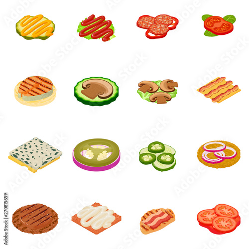 Meal icons set. Isometric set of 16 meal vector icons for web isolated on white background