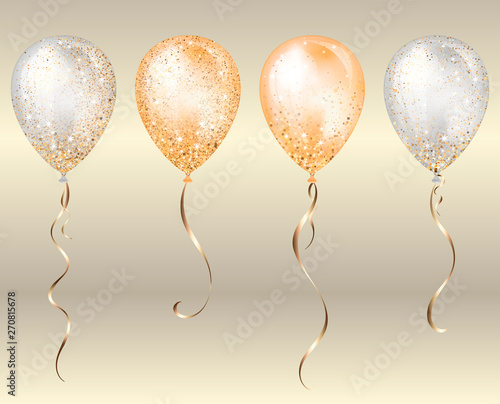 Flying glossy white and yellow shiny realistic 3D helium balloons with gold ribbon and glitter sparkles, perfect decoration for birthday party brochures, invitation card or baby shower
