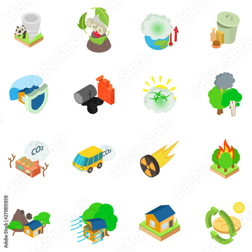 Eco catastrophic icons set. Isometric set of 16 eco catastrophic vector icons for web isolated on white background