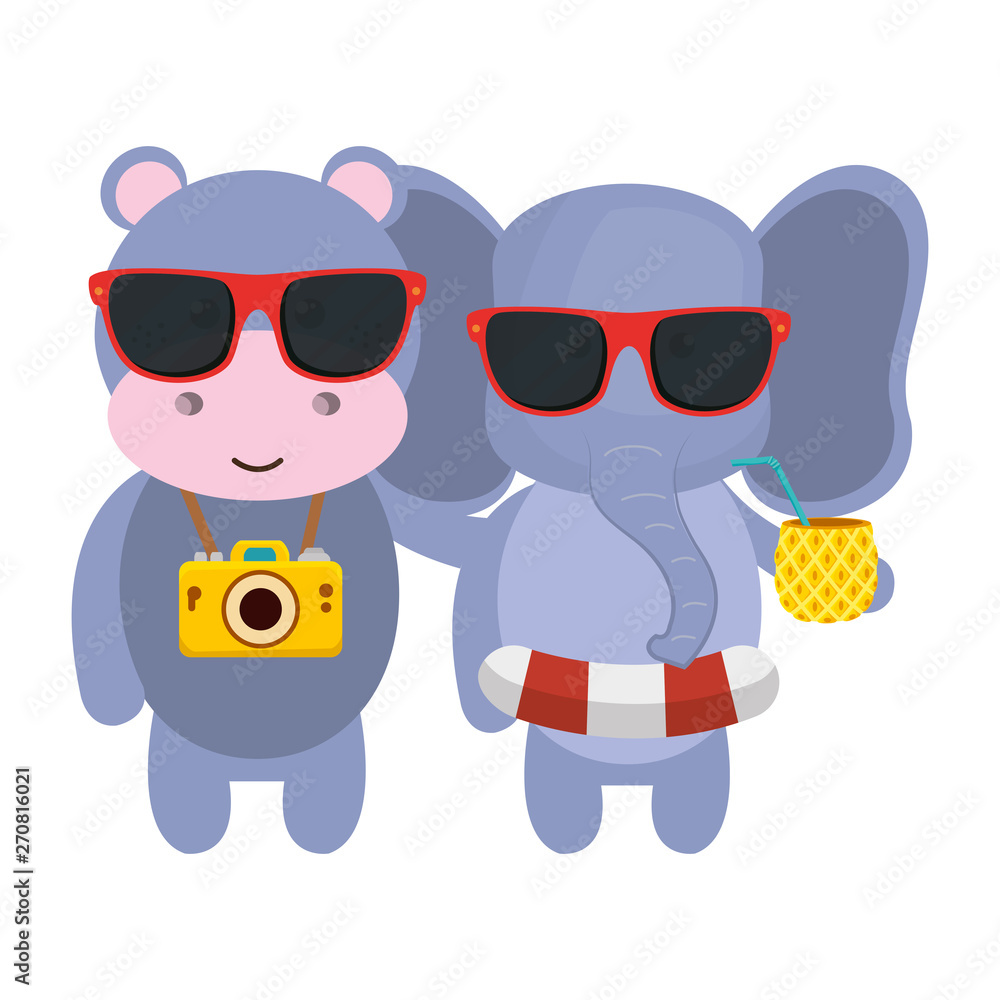 cute hippo and elephant with camera and pineapple cocktail