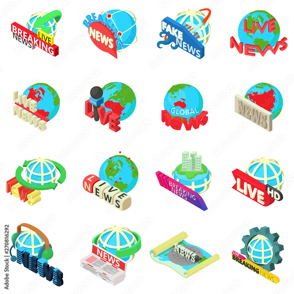 News icons set. Isometric set of 16 news vector icons for web isolated on white background