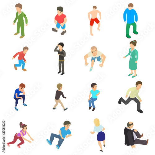 Tired man icons set. Isometric set of 16 tired man vector icons for web isolated on white background