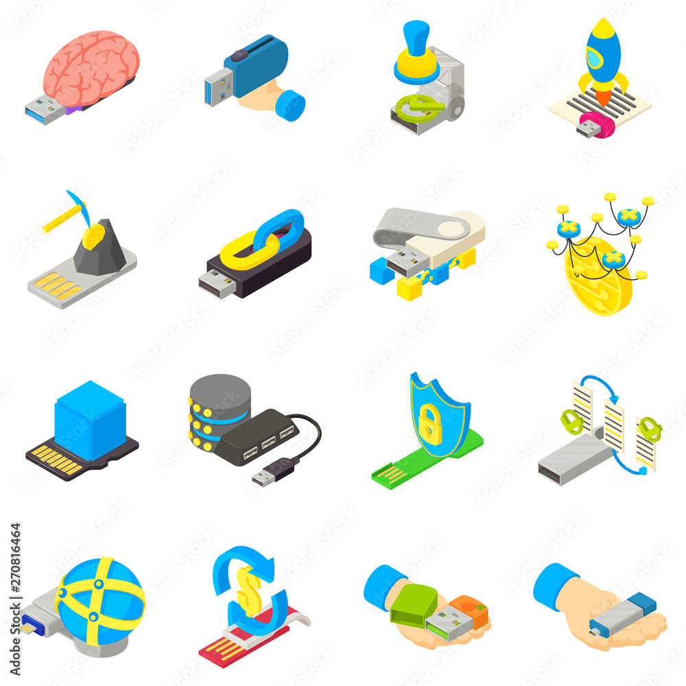 Cyber memory icons set. Isometric set of 16 cyber memory vector icons for web isolated on white background Cyber memory icons set. Isometric set of 16 cyber memory vector icons for web isolated on white background