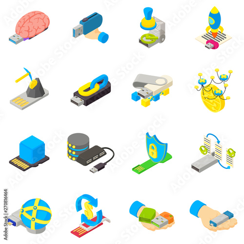 Cyber memory icons set. Isometric set of 16 cyber memory vector icons for web isolated on white background