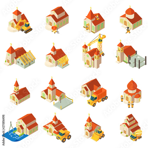 Repair of church icons set. Isometric set of 16 repair of church vector icons for web isolated on white background