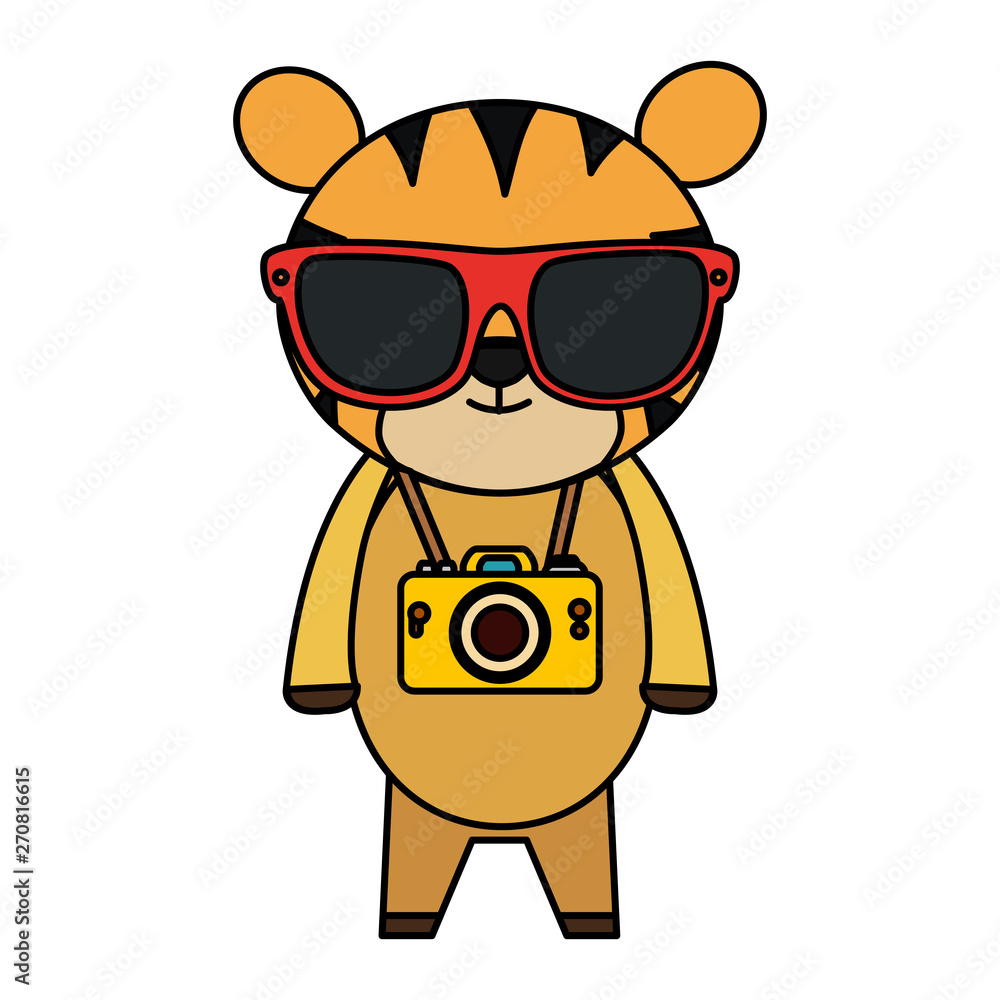 Naklejka premium cute tiger with summer sunglasses and photographic camera