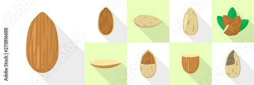 Almond nut icons set. Flat set of almond nut vector icons for web design