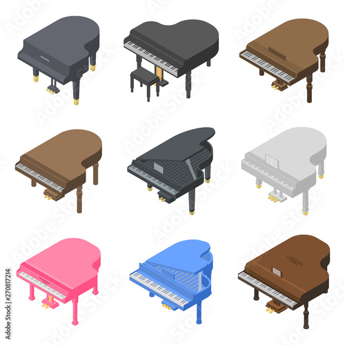 Grand piano icons set. Isometric set of grand piano vector icons for web design isolated on white background
