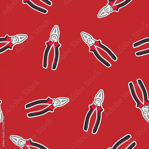Seamless pattern of sticker of metal pliers in cartoon style with white stroke on red background