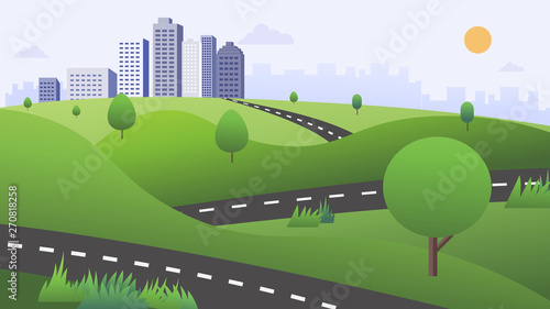 Beautiful nature scene with road , green hills , and town vector.Cityscape with nature landscape