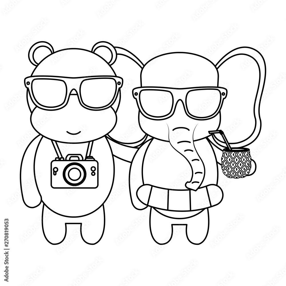Fototapeta premium cute hippo and elephant with camera and pineapple cocktail