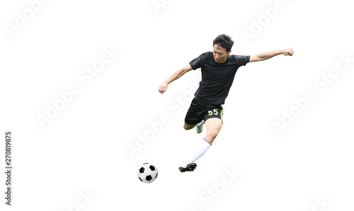 Asian soccer player kicking ball isolated on white