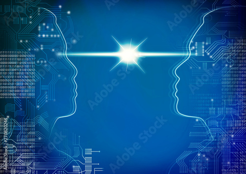 head outline with circuit board and number binary digit on blue backgroundlooking stared at each other, Artificial intelligence or ai cyber war concept