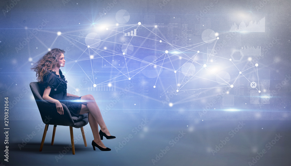 Elegant woman sitting in a sofa with network and connection concept
Elegant woman sitting in a sofa with network and connection concept
