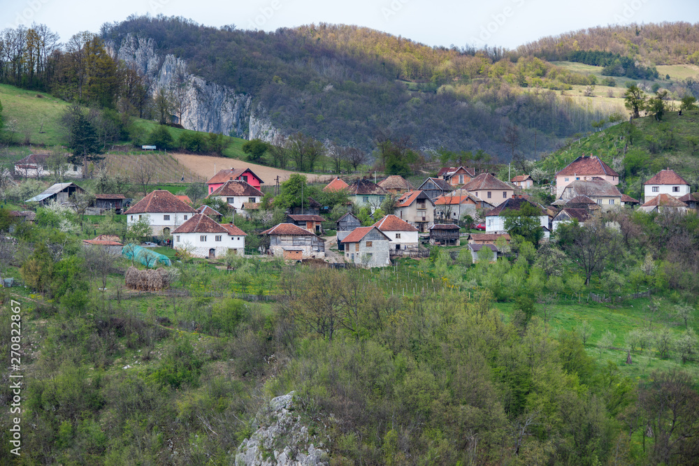 Ljubovija, Serbia April 20, 2019: Serbian households on the mountain. Village houses.