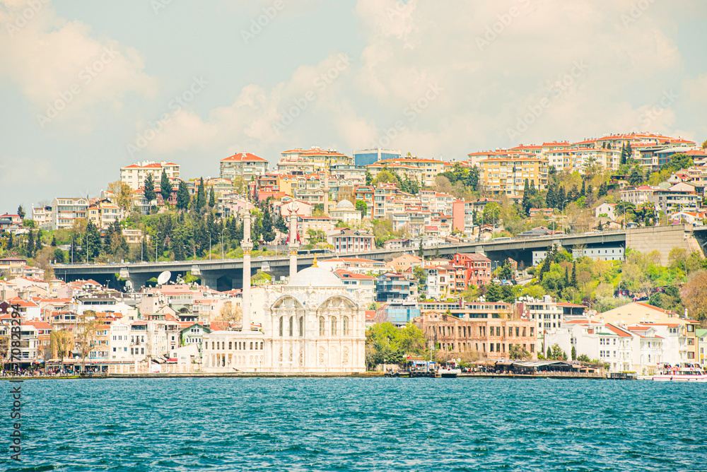 Cityscape of Istanbul with ancient mosques and the old city in mid noon,talk photo on cruise.