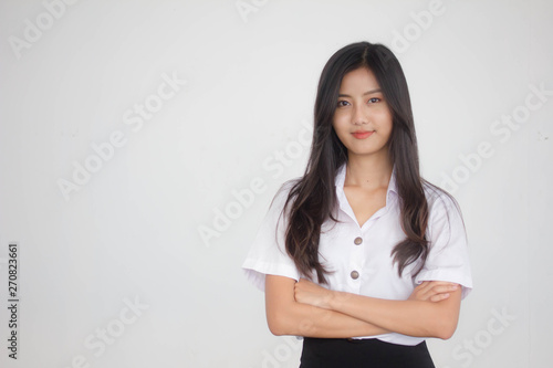 Portrait of thai adult student university uniform beautiful girl relax and smile