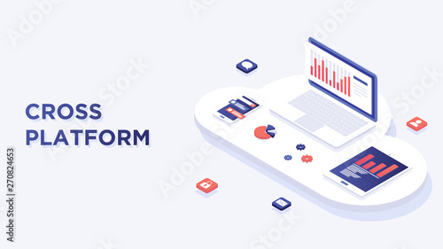 Web development and coding. Cross platform development website. Adaptive layout internet page or web interface on screen laptop, tablet and phone. Isometric concept illustration. Cloud technology