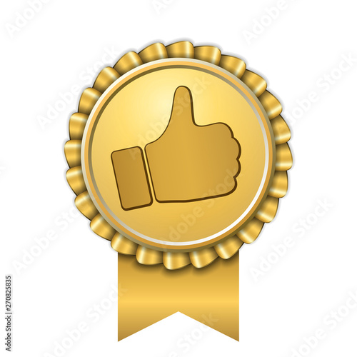 Ribbon award up thumb gold icon. Gesture success hand golden medal. Best choice, best seller, label control quality satisfaction. Design stamp guarantee certificate seal recommend. Vector illustration