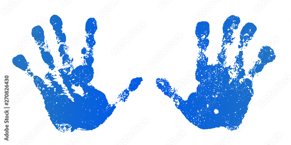 Hand paint print set, isolated white background. Blue human palm and fingers. Abstract art design, symbol identity people. Silhouette child, kid, people handprint. Grunge texture. Vector illustration Hand paint print set, isolated white background. Blue human palm and fingers. Abstract art design, symbol identity people. Silhouette child, kid, people handprint. Grunge texture. Vector illustration