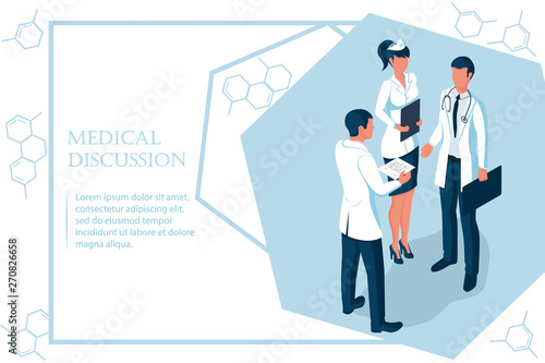 Teamwork of doctors. Discussions team of medical investigations.Healthcare concept. Vector illustration. Banner web. Can be used as a poster, template, advertising.