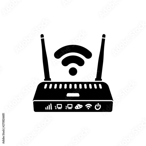 Modem flat black silhouette icon. Router wireless with the antenna cartoon style. Wifi vector sign. Color illustration isolated on white background. Device for distributing Internet.