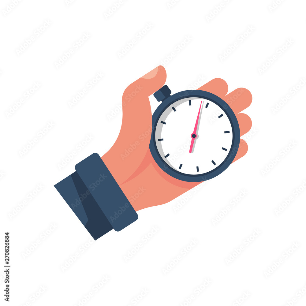 Stopwatch in hand, icon isolated on white background. Vector illustration  flat design. Sport timer on competitions. Trainer holding stopwatch. Start,  finish. Time management. Stock Vector
