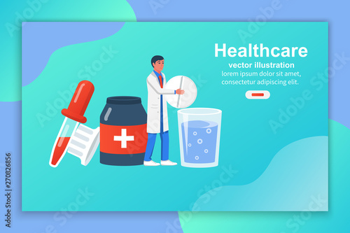 Healthcare concept. Doctor throws a pill with a glass of water. Drink a pain reliever. Pills hold in hand. Pharmacy treatment. Vector illustration flat design. Medicine landing page.