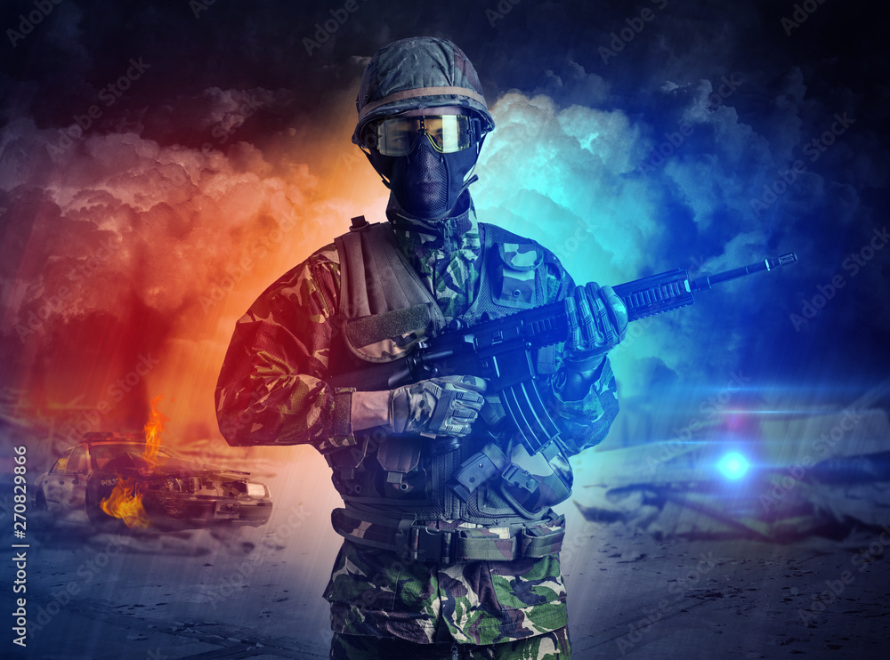 Armed soldier with sniper in the middle of a dust storm
Armed soldier with sniper in the middle of a dust storm