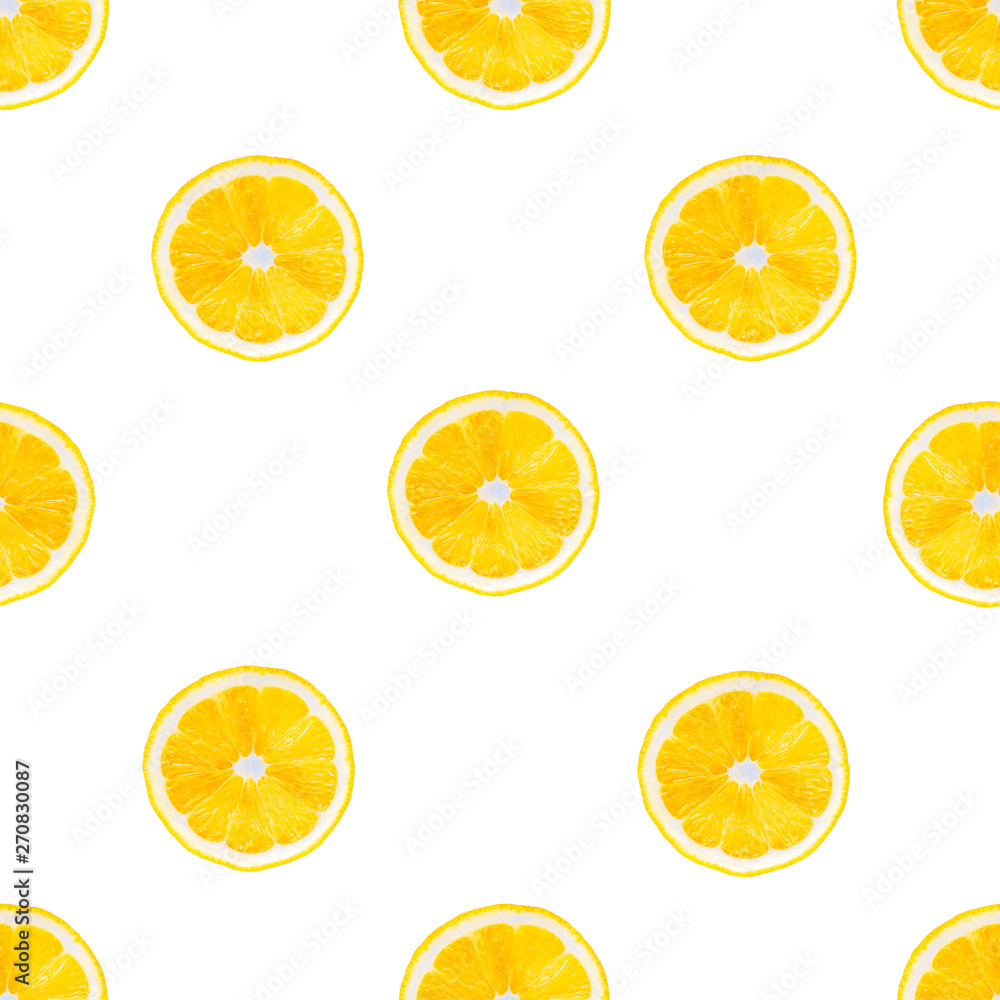 Summer seamless pattern with lemons slice on white background. Lemon texture design for textiles, wallpaper, fabric. Geometric ornament