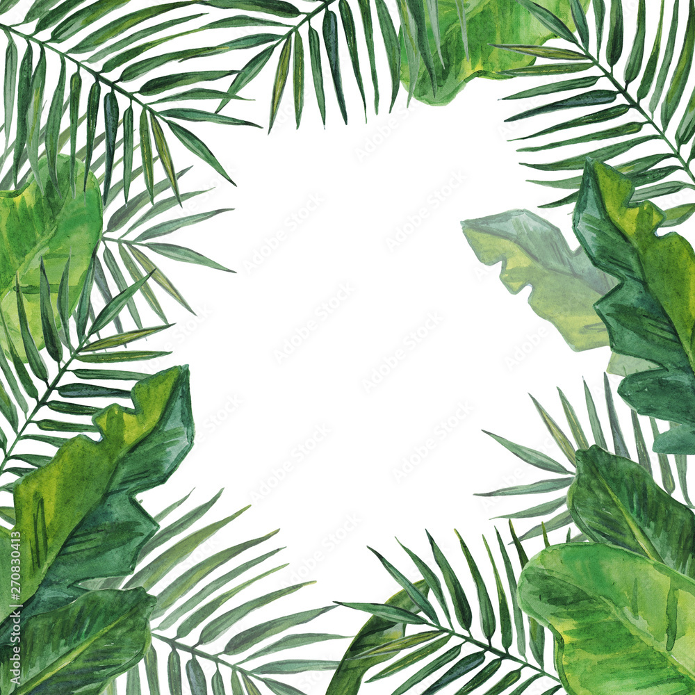 Frame with palms leaves. Watercolor illustration.